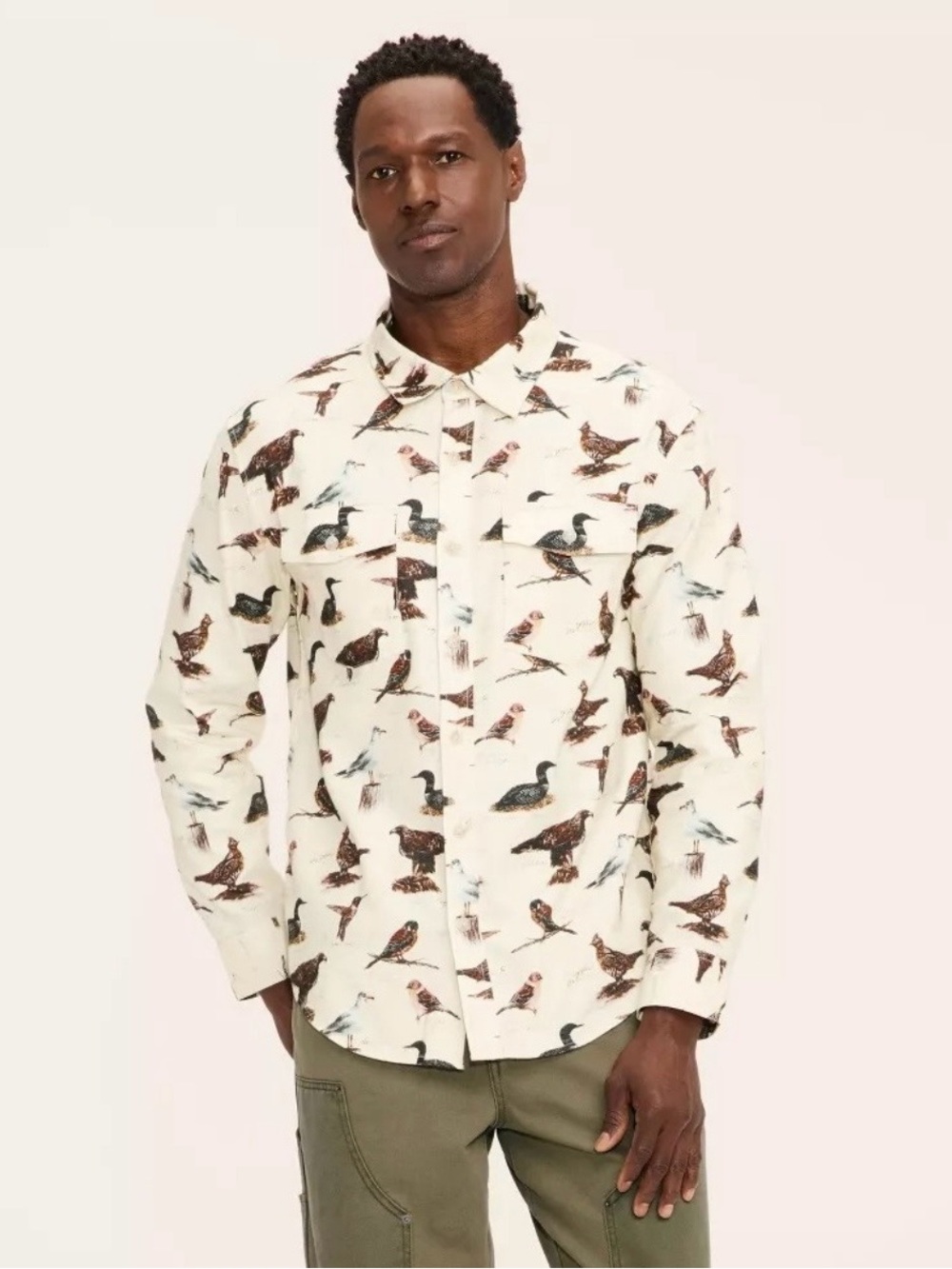 Woolrich Men S Cotton Woven Bird Print White Long Sleeve Pocket Shirt Vtg Style